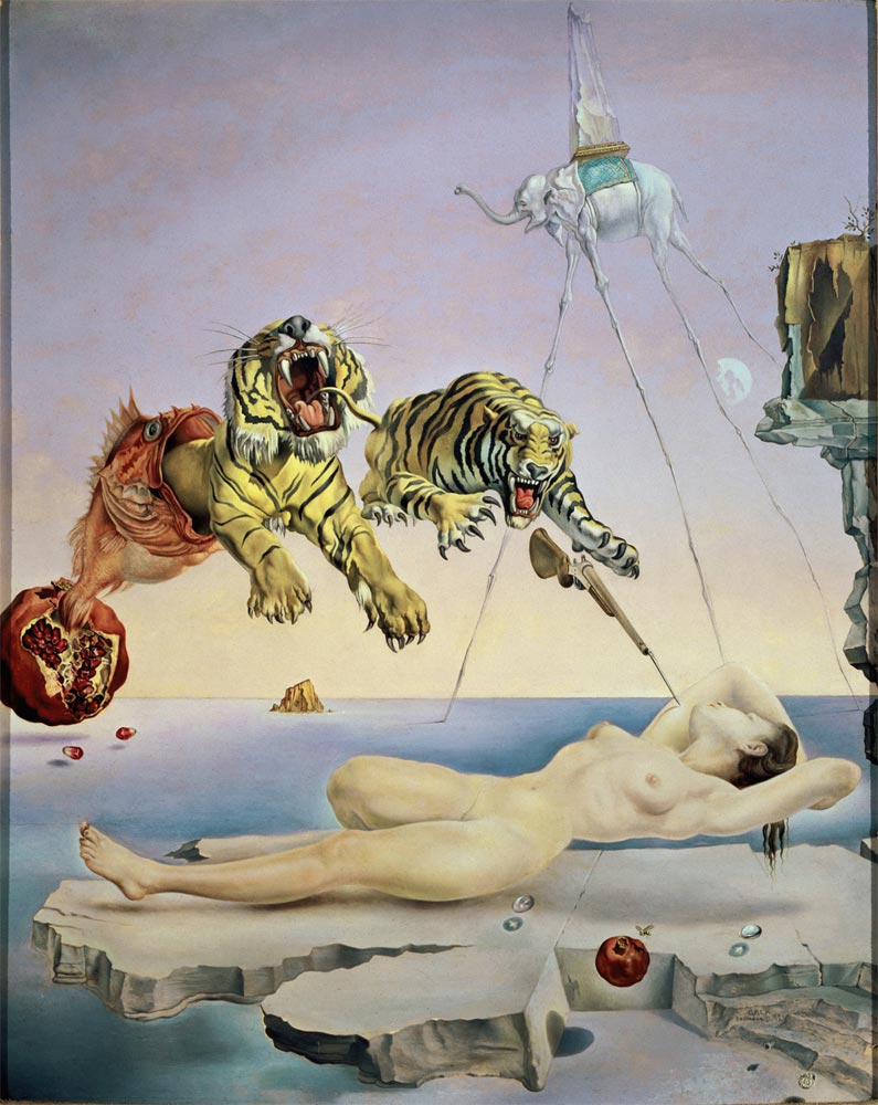Peinture de Dali avec des tigres, une femme nue, un éléphant. Analyse et onirisme